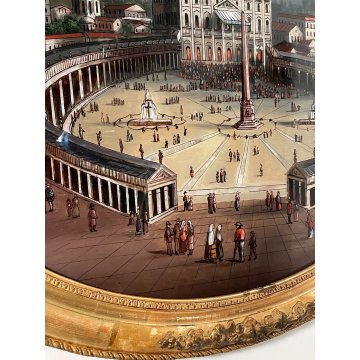 ANTICO QUADRO DIPINTO PIAZZA SAN PIETRO ROMA VETROFANIA MADREPERLA CORNICE DORATA