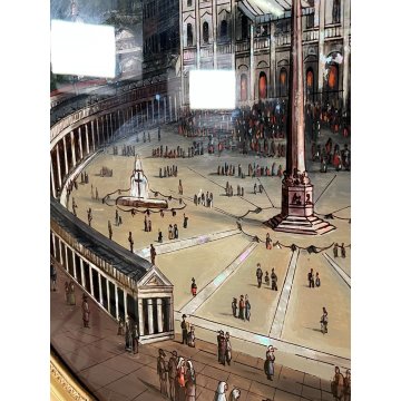 ANTICO QUADRO DIPINTO PIAZZA SAN PIETRO ROMA VETROFANIA MADREPERLA CORNICE DORATA