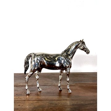 SCULTURA FIGURA CAVALLO in LAMINA METALLO COLOR ARGENTO FIGURE HORSE VINTAGE