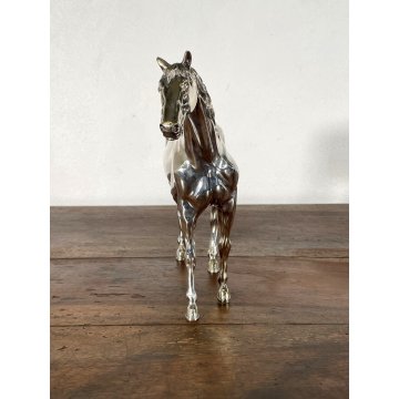 SCULTURA FIGURA CAVALLO in LAMINA METALLO COLOR ARGENTO FIGURE HORSE VINTAGE