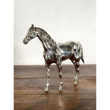 SCULTURA FIGURA CAVALLO in LAMINA METALLO COLOR ARGENTO FIGURE HORSE VINTAGE