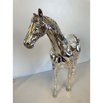 SCULTURA FIGURA CAVALLO in LAMINA METALLO COLOR ARGENTO FIGURE HORSE VINTAGE