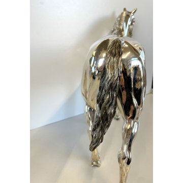 SCULTURA FIGURA CAVALLO in LAMINA METALLO COLOR ARGENTO FIGURE HORSE VINTAGE