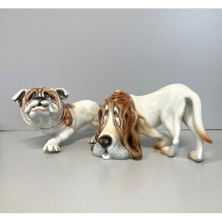 SCULTURA CERAMICA Cacciapuoti S. Righetti COPPIA CANI BULLDOG BASSET HOUND '50