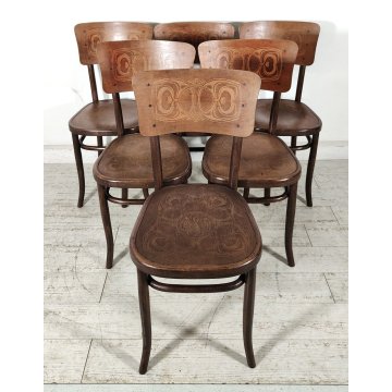 Fischel SET 6 SEDIA ANTICA LEGNO Stampato FAGGIO CURVATO tipo Thonet CHAIR