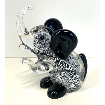 SCULTURA FIGURA ANIMALE Elefante VETRO Murano NERO FOGLIA ARGENTO 11 cm/h