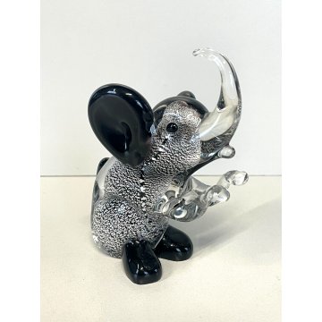 SCULTURA FIGURA ANIMALE Elefante VETRO Murano NERO FOGLIA ARGENTO 11 cm/h