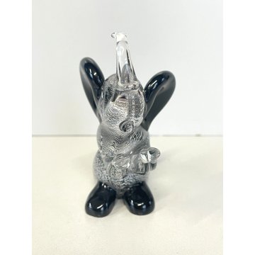 SCULTURA FIGURA ANIMALE Elefante VETRO Murano NERO FOGLIA ARGENTO 11 cm/h