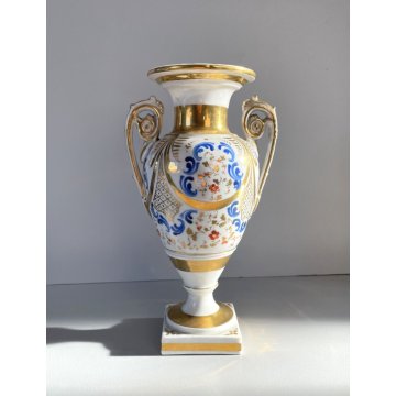 PICCOLO VASO BIANSATO BALAUSTRA PORCELLANA BIANCA DECORO BLU ORO VINTAGE 25 cm/h