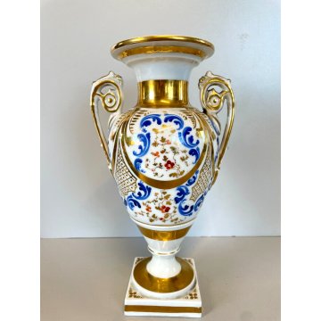 PICCOLO VASO BIANSATO BALAUSTRA PORCELLANA BIANCA DECORO BLU ORO VINTAGE 25 cm/h