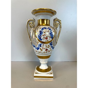 PICCOLO VASO BIANSATO BALAUSTRA PORCELLANA BIANCA DECORO BLU ORO VINTAGE 25 cm/h