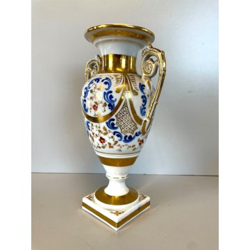 PICCOLO VASO BIANSATO BALAUSTRA PORCELLANA BIANCA DECORO BLU ORO VINTAGE 25 cm/h