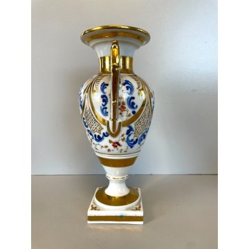 PICCOLO VASO BIANSATO BALAUSTRA PORCELLANA BIANCA DECORO BLU ORO VINTAGE 25 cm/h