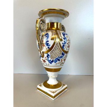 PICCOLO VASO BIANSATO BALAUSTRA PORCELLANA BIANCA DECORO BLU ORO VINTAGE 25 cm/h