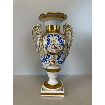 PICCOLO VASO BIANSATO BALAUSTRA PORCELLANA BIANCA DECORO BLU ORO VINTAGE 25 cm/h