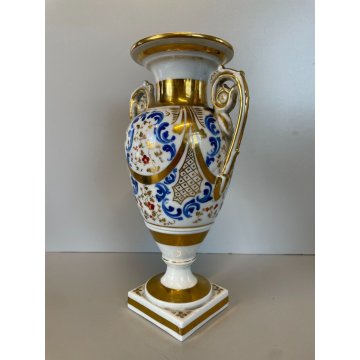 PICCOLO VASO BIANSATO BALAUSTRA PORCELLANA BIANCA DECORO BLU ORO VINTAGE 25 cm/h