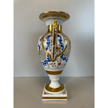 PICCOLO VASO BIANSATO BALAUSTRA PORCELLANA BIANCA DECORO BLU ORO VINTAGE 25 cm/h