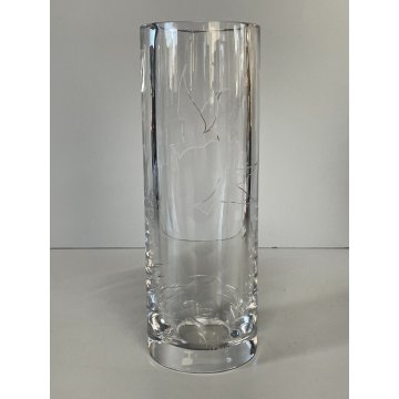 VASO VINTAGE CILINDRO VETRO Murano "Amadio Bianchi" DECORO INCISO UCCELLI VOLO