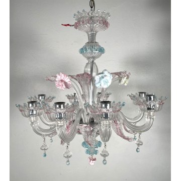 LAMPADARIO VETRO SOFFIATO MURANO FIORI COLORATI 8 BRACCI ANNI 60 DECORO ø 70 cm