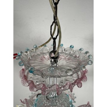 LAMPADARIO VETRO SOFFIATO MURANO FIORI COLORATI 8 BRACCI ANNI 60 DECORO ø 70 cm