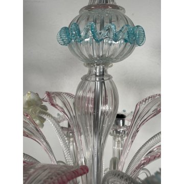 LAMPADARIO VETRO SOFFIATO MURANO FIORI COLORATI 8 BRACCI ANNI 60 DECORO ø 70 cm