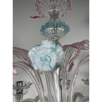 LAMPADARIO VETRO SOFFIATO MURANO FIORI COLORATI 8 BRACCI ANNI 60 DECORO ø 70 cm