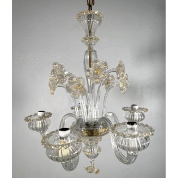 LAMPADARIO VETRO MURANO DECORO PAGLIUZZE ORO FIORI 5 BRACCI ANNI 60 ø 48 cm