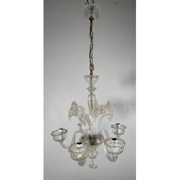 LAMPADARIO VETRO MURANO DECORO PAGLIUZZE ORO FIORI 5 BRACCI ANNI 60 ø 48 cm