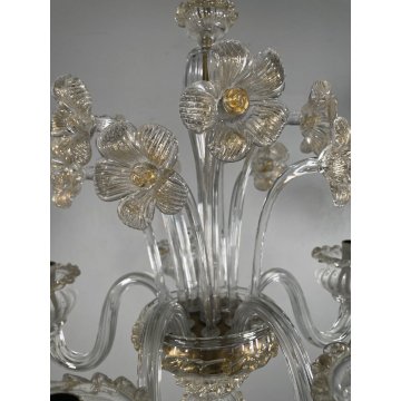 LAMPADARIO VETRO MURANO DECORO PAGLIUZZE ORO FIORI 5 BRACCI ANNI 60 ø 48 cm