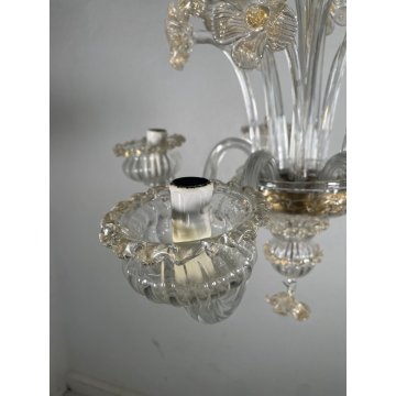 LAMPADARIO VETRO MURANO DECORO PAGLIUZZE ORO FIORI 5 BRACCI ANNI 60 ø 48 cm