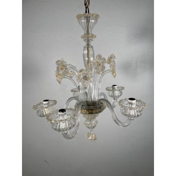 LAMPADARIO VETRO MURANO DECORO PAGLIUZZE ORO FIORI 5 BRACCI ANNI 60 ø 48 cm