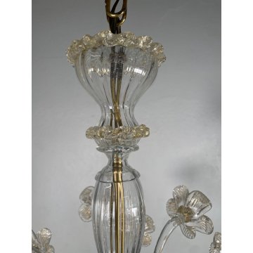 LAMPADARIO VETRO MURANO DECORO PAGLIUZZE ORO FIORI 5 BRACCI ANNI 60 ø 48 cm