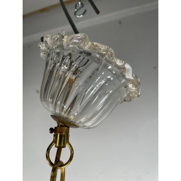 LAMPADARIO VETRO MURANO DECORO PAGLIUZZE ORO FIORI 5 BRACCI ANNI 60 ø 48 cm