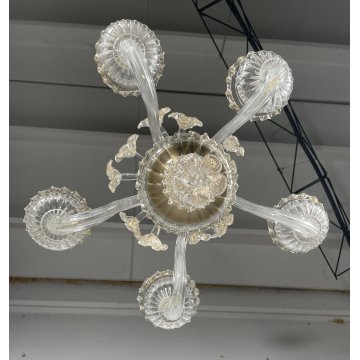 LAMPADARIO VETRO MURANO DECORO PAGLIUZZE ORO FIORI 5 BRACCI ANNI 60 ø 48 cm