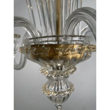 LAMPADARIO VETRO MURANO DECORO PAGLIUZZE ORO FIORI 5 BRACCI ANNI 60 ø 48 cm