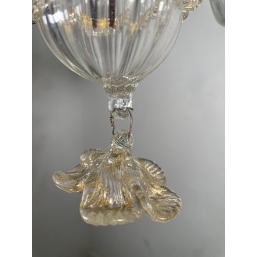 LAMPADARIO VETRO MURANO DECORO PAGLIUZZE ORO FIORI 5 BRACCI ANNI 60 ø 48 cm