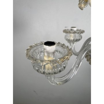 LAMPADARIO VETRO MURANO DECORO PAGLIUZZE ORO FIORI 5 BRACCI ANNI 60 ø 48 cm