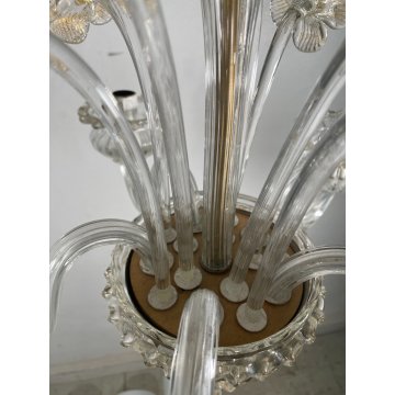 LAMPADARIO VETRO MURANO DECORO PAGLIUZZE ORO FIORI 5 BRACCI ANNI 60 ø 48 cm