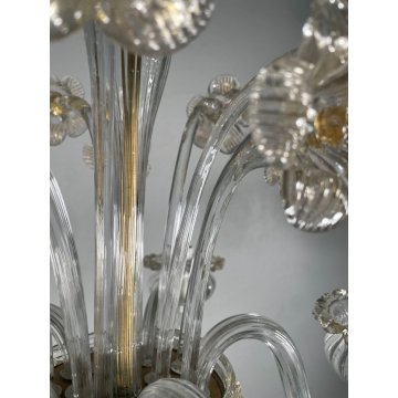 LAMPADARIO VETRO MURANO DECORO PAGLIUZZE ORO FIORI 5 BRACCI ANNI 60 ø 48 cm