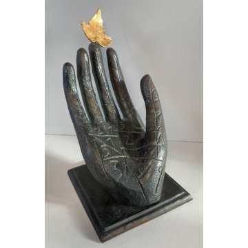 SCULTURA BRONZO MANO CON FOGLIA MIMMO PALADINO ANNI 2000 FIRMATA HAND SCULPTURE