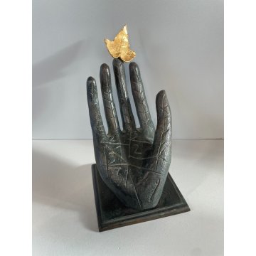 SCULTURA BRONZO MANO CON FOGLIA MIMMO PALADINO ANNI 2000 FIRMATA HAND SCULPTURE