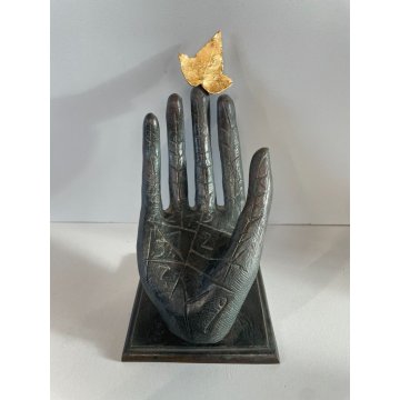 SCULTURA BRONZO MANO CON FOGLIA MIMMO PALADINO ANNI 2000 FIRMATA HAND SCULPTURE