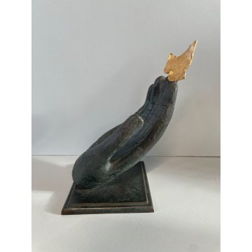 SCULTURA BRONZO MANO CON FOGLIA MIMMO PALADINO ANNI 2000 FIRMATA HAND SCULPTURE