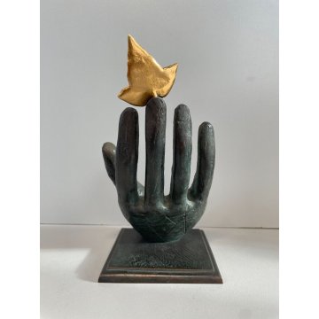 SCULTURA BRONZO MANO CON FOGLIA MIMMO PALADINO ANNI 2000 FIRMATA HAND SCULPTURE