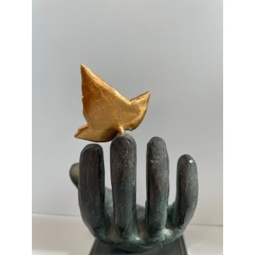 SCULTURA BRONZO MANO CON FOGLIA MIMMO PALADINO ANNI 2000 FIRMATA HAND SCULPTURE