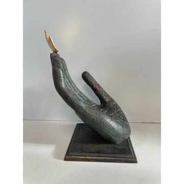 SCULTURA BRONZO MANO CON FOGLIA MIMMO PALADINO ANNI 2000 FIRMATA HAND SCULPTURE