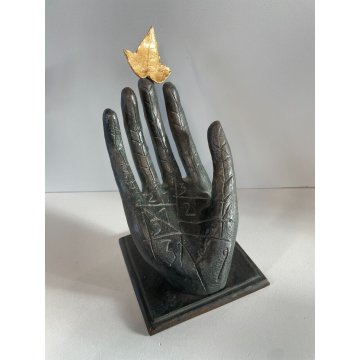 SCULTURA BRONZO MANO CON FOGLIA MIMMO PALADINO ANNI 2000 FIRMATA HAND SCULPTURE