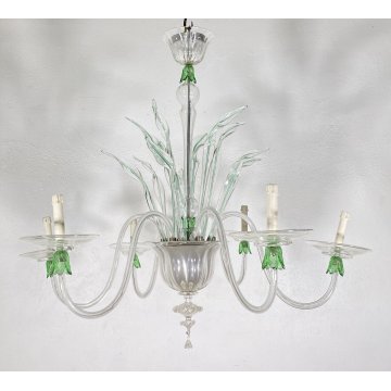 LAMPADARIO VETRO MURANO 6 BRACCI TRASPARENTE VERDE FOGLIE CEILING LAMP ANNI 40