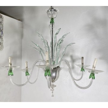 LAMPADARIO VETRO MURANO 6 BRACCI TRASPARENTE VERDE FOGLIE CEILING LAMP ANNI 40