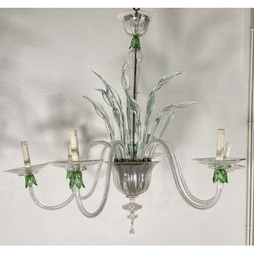 LAMPADARIO VETRO MURANO 6 BRACCI TRASPARENTE VERDE FOGLIE CEILING LAMP ANNI 40